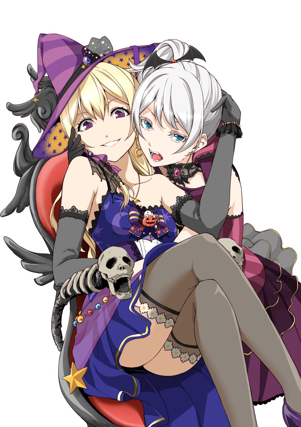 2girls alternate_hairstyle bang_dream! bangs black_gloves black_legwear blonde_hair blue_dress blue_eyes bow bowtie bracelet brooch commentary_request crescent crescent_earrings detached_collar dress earrings elbow_gloves fangs gloves grin halloween hand_on_another's_head hat highres jack-o'-lantern jewelry karatachi_t legs_crossed long_hair looking_at_viewer multiple_girls open_mouth print_hat purple_dress purple_eyes purple_headwear shirasagi_chisato side_ponytail simple_background single_strap sitting skull smile star star_print striped_hat thighhighs throne v-shaped_eyebrows wakamiya_eve white_background white_hair wing_hair_ornament witch_hat