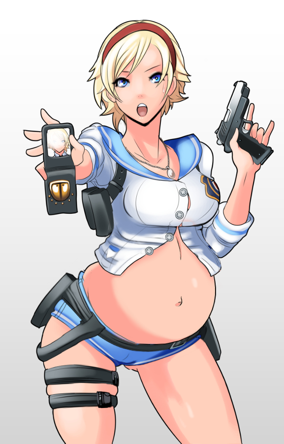 adult badge belt blonde_hair blue_eyes blue_sailor_collar blush butcha-u eroquis female gun hairband headband holding holding_weapon holster legband midriff navel open_mouth parkdaleart pregnant resident_evil resident_evil_2 resident_evil_6 sailor_collar sherry_birkin short_hair short_shorts shorts simple_background solo sweat sweatdrop third-party_edit weapon white_background