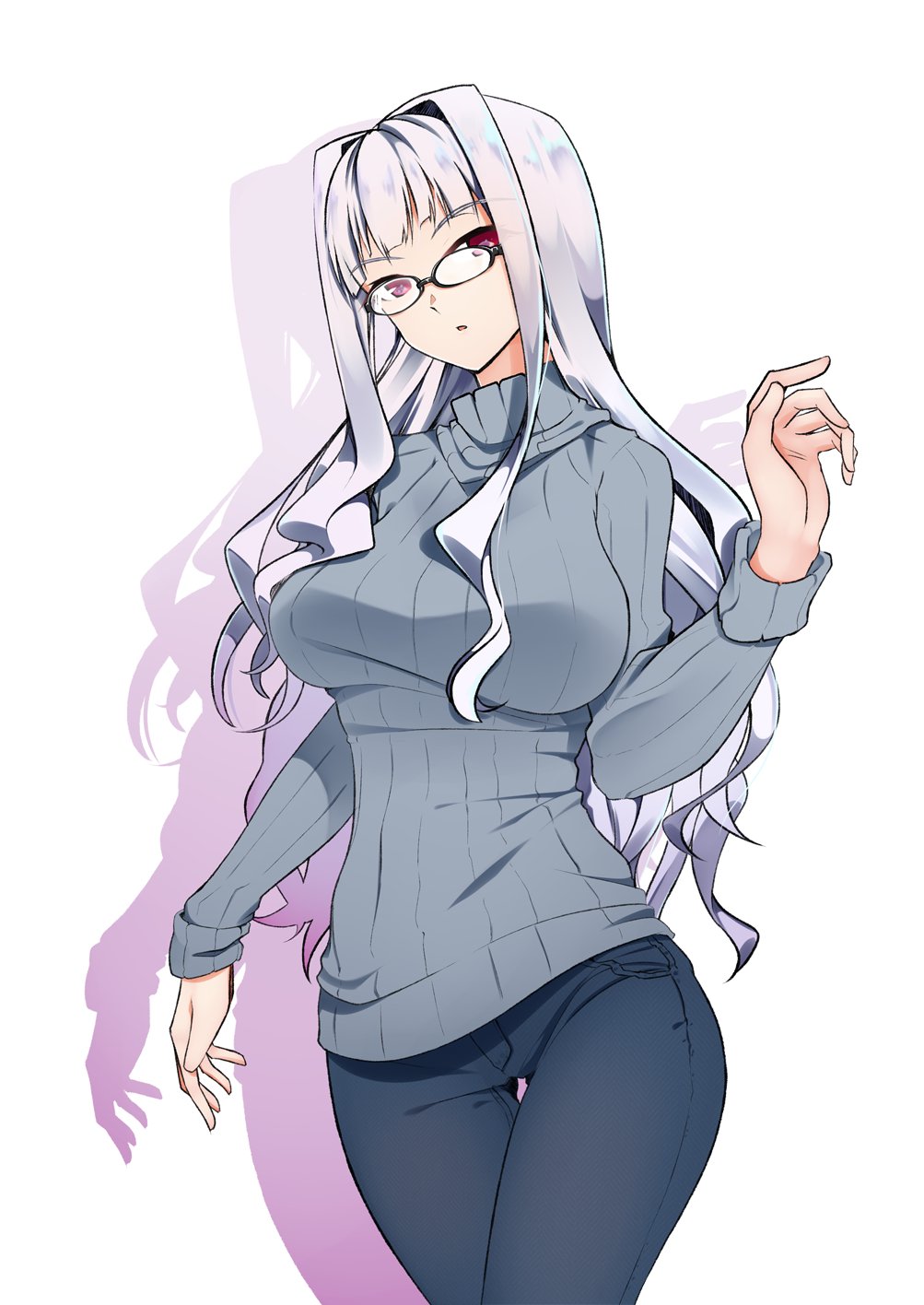 1girl breasts glasses hadaka_megane highres idolmaster idolmaster_(classic) large_breasts open_mouth pants purple_eyes shadow shijou_takane silver_hair solo sweater