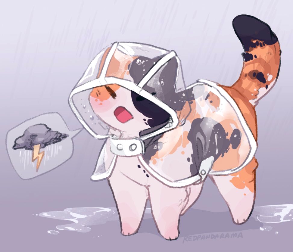 :&lt;&gt; artist_name cat cat_focus commentary english_commentary grey_background hood hood_up no_humans open_mouth puddle raincoat real_life redpandarama simple_background speech_bubble spoken_object storm_cloud