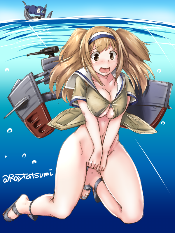 1girl 1other breasts clothes_theft clothes_writing commentary_request covering covering_crotch hairband i-26_(kantai_collection) kantai_collection large_breasts light_brown_eyes light_brown_hair long_hair machinery naked_shirt name_tag no_bra no_panties sailor_collar school_swimsuit shirt short_sleeves swimsuit swimsuit_removed tatsumi_ray tentacle theft two-tone_hairband two_side_up underwater water