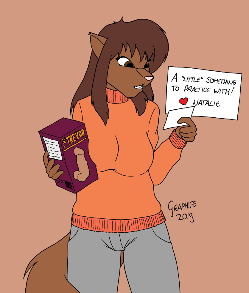 &lt;3 2019 anthro breasts brown_eyes brown_fur brown_hair clothed clothing dildo english_text female fur graphite_(artist) hair mammal pink_nose rayne_(sailoranna) rodent sciurid sex_toy solo text tree_squirrel