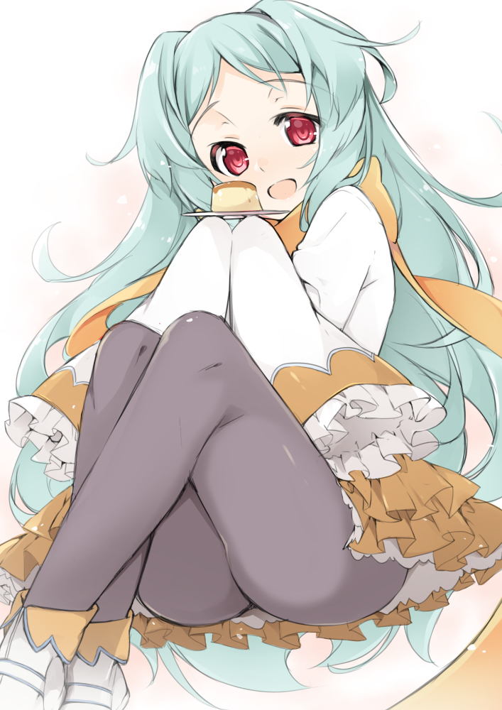 1girl :d aqua_hair bangs blush boots brown_scarf dress eyebrows_visible_through_hair food frilled_sleeves frills grey_legwear hands_up head_tilt holding holding_plate izumo_miyako knees_up legs_crossed long_hair long_sleeves looking_at_viewer open_mouth pantyhose plate princess_connect! princess_connect!_re:dive pudding red_eyes sasakura scarf simple_background sitting sleeves_past_fingers sleeves_past_wrists smile solo very_long_hair white_background white_dress white_footwear wide_sleeves