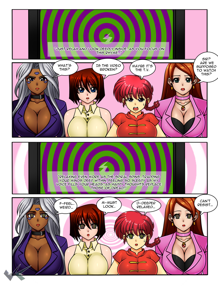 4girls aa_megami-sama breasts brown_hair busty choker cleavage collette_(daveyboysmith) comic crossover dark-skinned_female dark_skin daveyboysmith dialogue earrings expressionless femsub genderswap hourglass_figure hypnosis hypnotic_screen jadenkaiba jewelry kaa_eyes large_breasts long_hair mazaki_anzu mind_control multiple_girls open_mouth original ponytail ranma-chan ranma_1/2 red_hair saotome_ranma short_hair silver_hair sweat tech_control text_focus urd voluptuous yu-gi-oh!