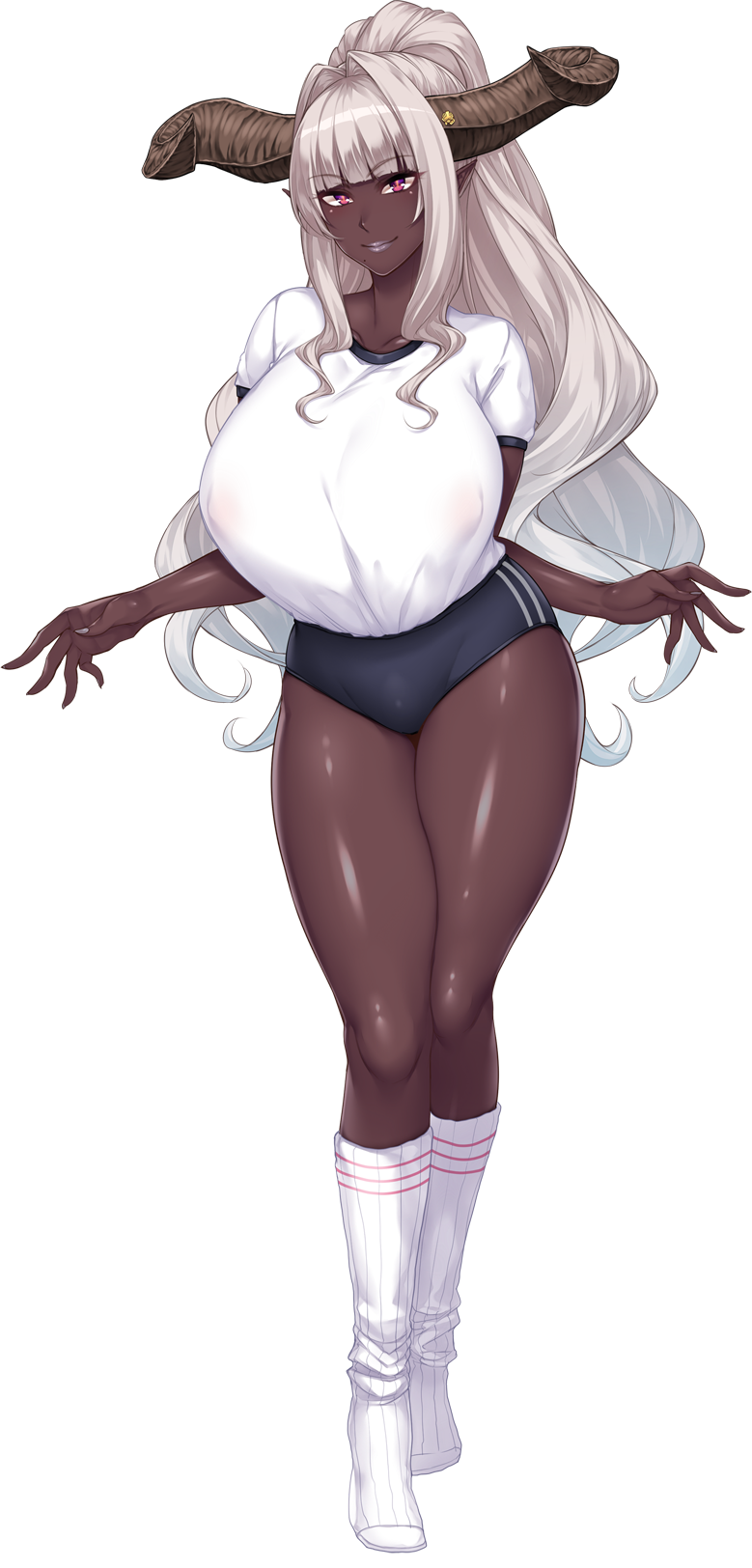 1girl breasts dark_elf dark_skin demon_girl elf full_body game_cg horns jewelry monster_girl muchimuchi_dekapai_mara_gui_maou-sama_to_onboro_yojouhan_dousei_seikatsu official_art orcsoft pointy_ears sian solo white_hair