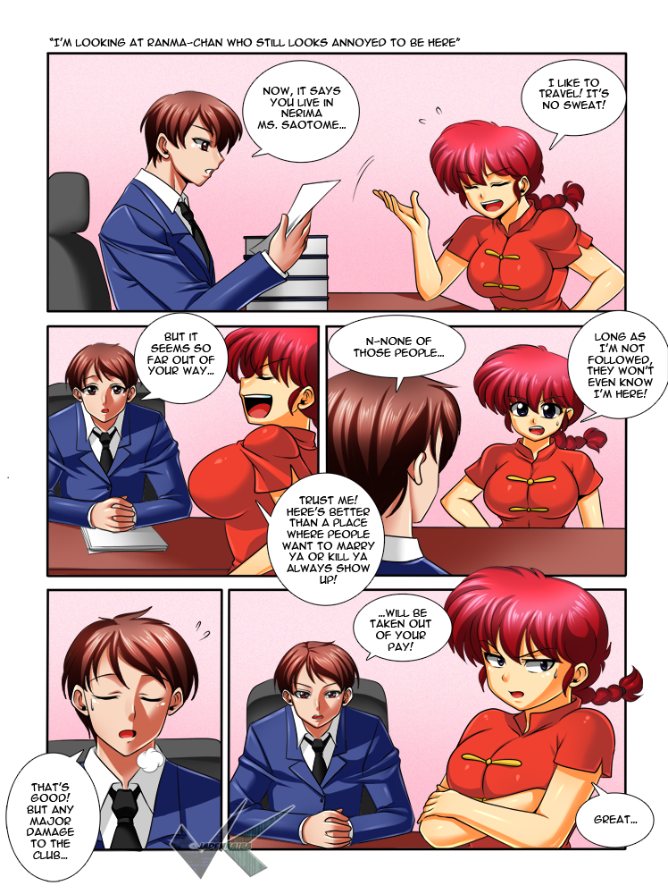 1boy 1girl breasts busty cleavage comic daveyboysmith eyes_closed genderswap jadenkaiba large_breasts long_hair open_mouth ponytail ranma-chan ranma_1/2 red_hair saotome_ranma text_focus voluptuous