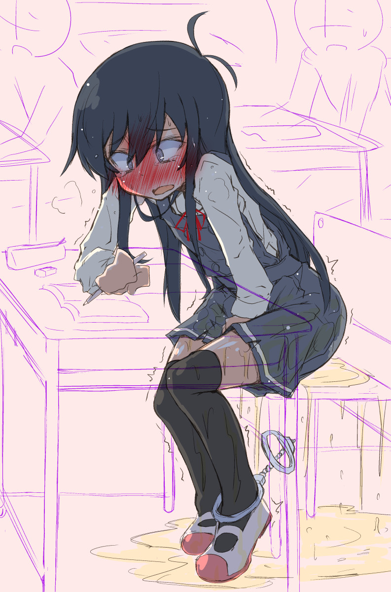 1girl @_@ antenna_hair asashio_(kantai_collection) bangs bdsm between_legs black_hair black_legwear blue_eyes blush bondage book bound breath chair classroom clenched_hand constricted_pupils crying cuffs desk dress embarrassed eraser eyebrows_visible_through_hair flat_chest full-face_blush full_body grey_dress hand_between_legs hand_up handcuffs have_to_pee highres holding indoors kantai_collection leaning_forward legs_together long_hair long_sleeves narumiya open_book open_mouth peeing peeing_self pencil pinafore_dress puddle red_footwear school_desk shirt shoes sitting sleeveless sleeveless_dress solo_focus tears textless thighhighs trembling wet wet_clothes white_shirt x-ray
