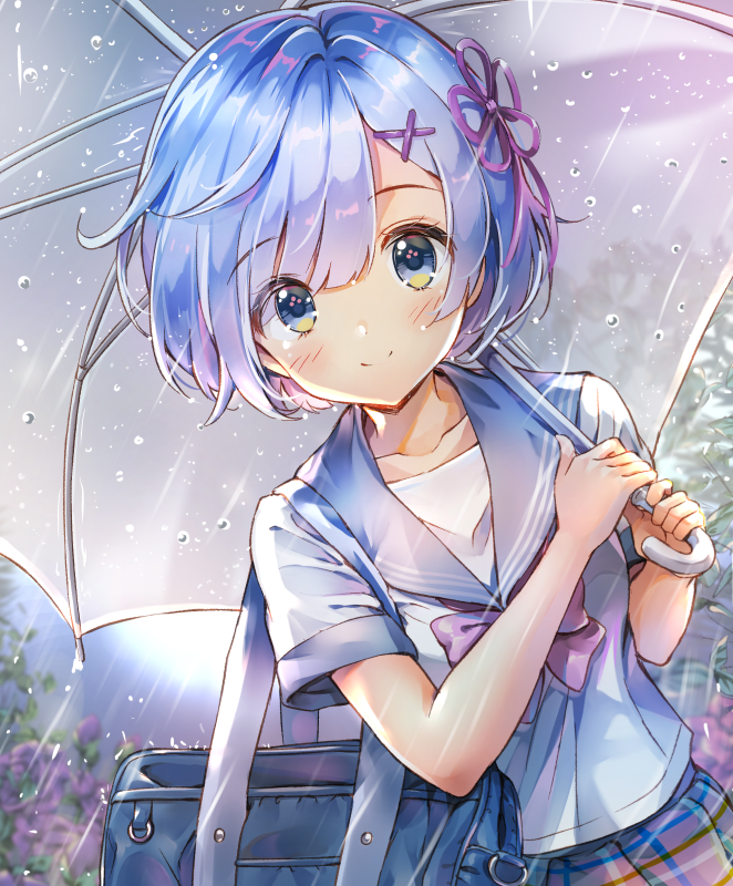 1girl alternate_costume bag blue_eyes blue_hair blue_sailor_collar blue_skirt blush bow bowtie closed_mouth collarbone hair_ornament holding holding_umbrella looking_at_viewer melings_(aot2846) plaid plaid_skirt pleated_skirt purple_neckwear rain re:zero_kara_hajimeru_isekai_seikatsu rem_(re:zero) sailor_collar school_bag school_uniform serafuku shirt short_hair short_sleeves sidelocks skirt smile solo transparent transparent_umbrella umbrella water white_shirt x_hair_ornament