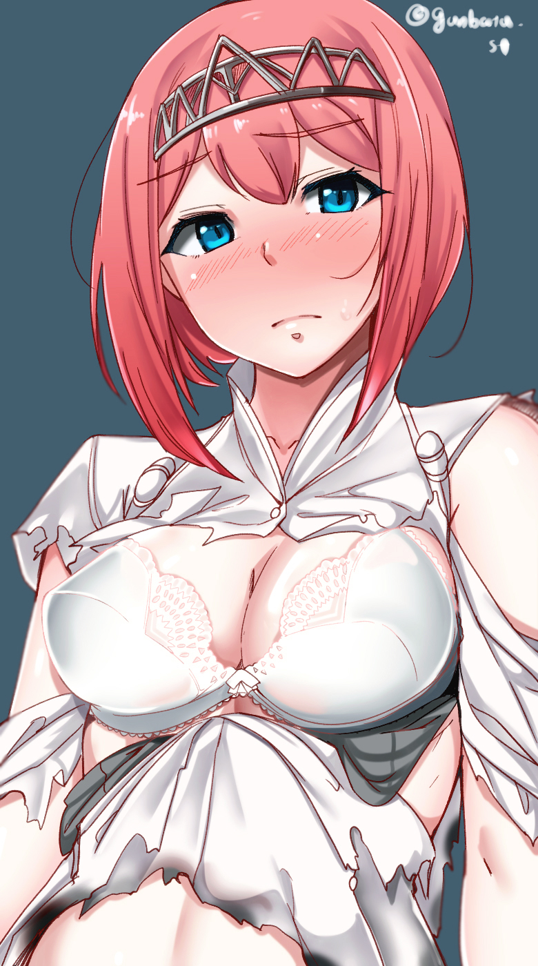 1girl ark_royal_(kantai_collection) bangs blue_eyes blunt_bangs blush bob_cut bra breasts chirashi_(so) cleavage commentary_request grey_background hairband highres kantai_collection looking_at_viewer medium_breasts red_hair short_hair simple_background solo tiara torn_clothes twitter_username underwear upper_body white_bra