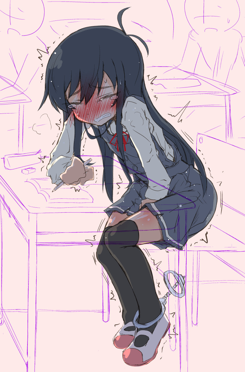 1girl antenna_hair asashio_(kantai_collection) bangs bdsm between_legs black_hair black_legwear blush bondage book bound breath chair classroom clenched_hand clenched_teeth cuffs desk dress embarrassed eraser eyebrows_visible_through_hair eyes_closed flat_chest full-face_blush full_body grey_dress hand_between_legs hand_up handcuffs have_to_pee highres holding indoors kantai_collection leaning_forward legs_together long_hair long_sleeves narumiya open_book pencil pinafore_dress red_footwear school_desk shirt shoes sitting sleeveless sleeveless_dress solo_focus tears teeth textless thighhighs trembling white_shirt x-ray