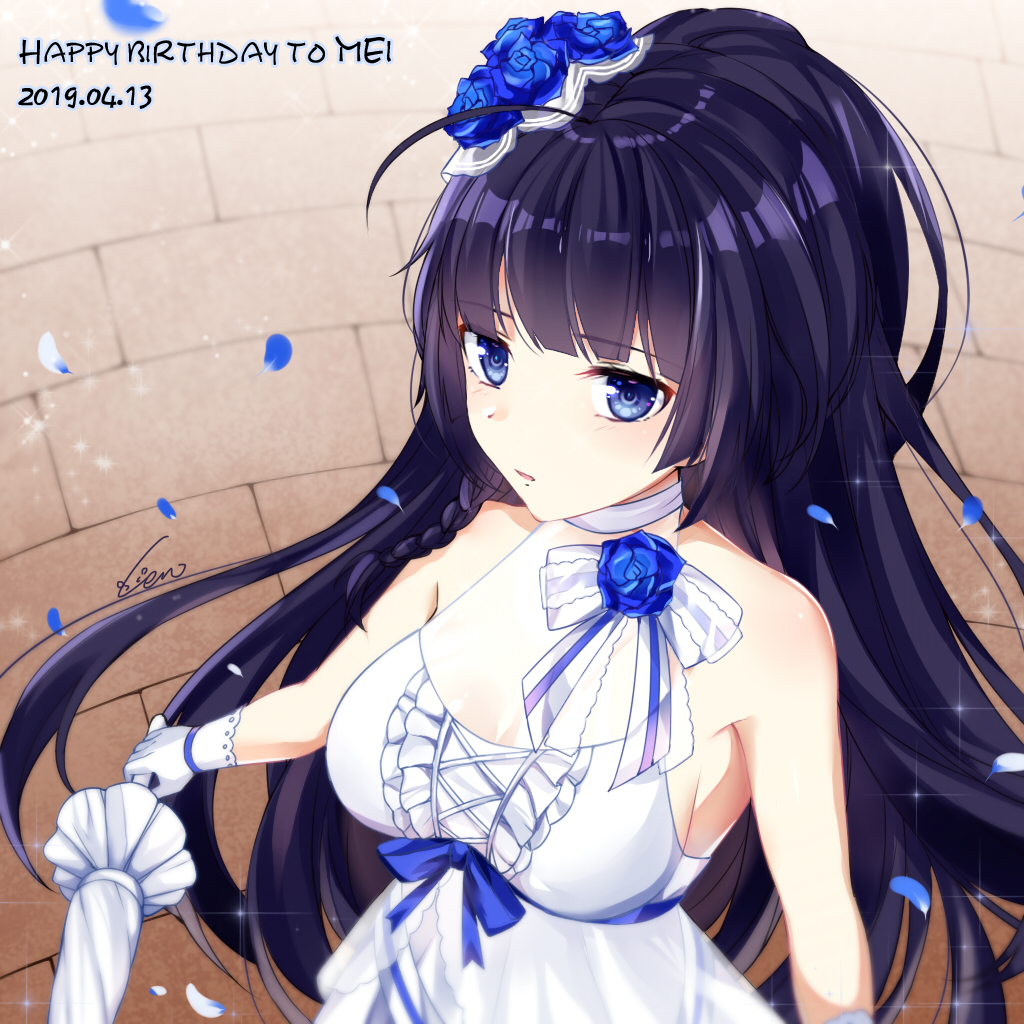 1girl bangs bare_shoulders blue_eyes blue_flower blue_rose blush braid breasts cen_(cenll) day dress eyebrows_visible_through_hair flower gloves hair_flower hair_ornament holding holding_umbrella honkai_(series) honkai_impact_3 large_breasts long_hair looking_at_viewer open_mouth outdoors petals ponytail purple_hair raiden_mei rose side_braid signature solo umbrella very_long_hair white_dress
