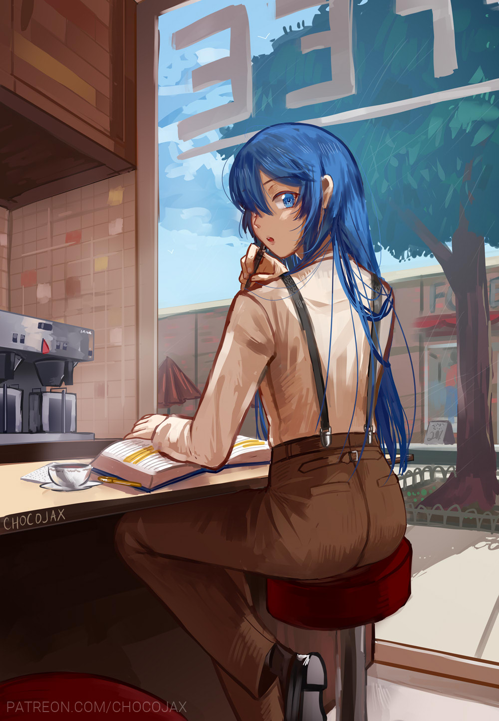 1girl alternate_costume artist_name black_footwear blue_eyes blue_hair book brown_pants cafe chocojax cloud cloudy_sky coffee_cup coffee_maker_(object) collared_shirt cup day disposable_cup eyebrows_visible_through_hair fire_emblem fire_emblem:_kakusei highres indoors long_hair long_sleeves looking_at_viewer looking_back lucina nintendo open_mouth pants patreon_username pen shirt shoes shop signature sitting sky solo stool suspenders symbol-shaped_pupils tree umbrella watermark web_address white_shirt window