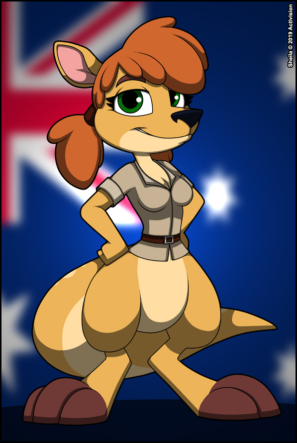 2019 anthro australian_flag barefoot big_butt big_nose bottomless butt clothed clothing eyelashes female fur hair macropod mammal marsupial orange_hair sheila sheila_(spyro) simple_background solo spyro_reignited_trilogy spyro_the_dragon tagme verona7881 video_games