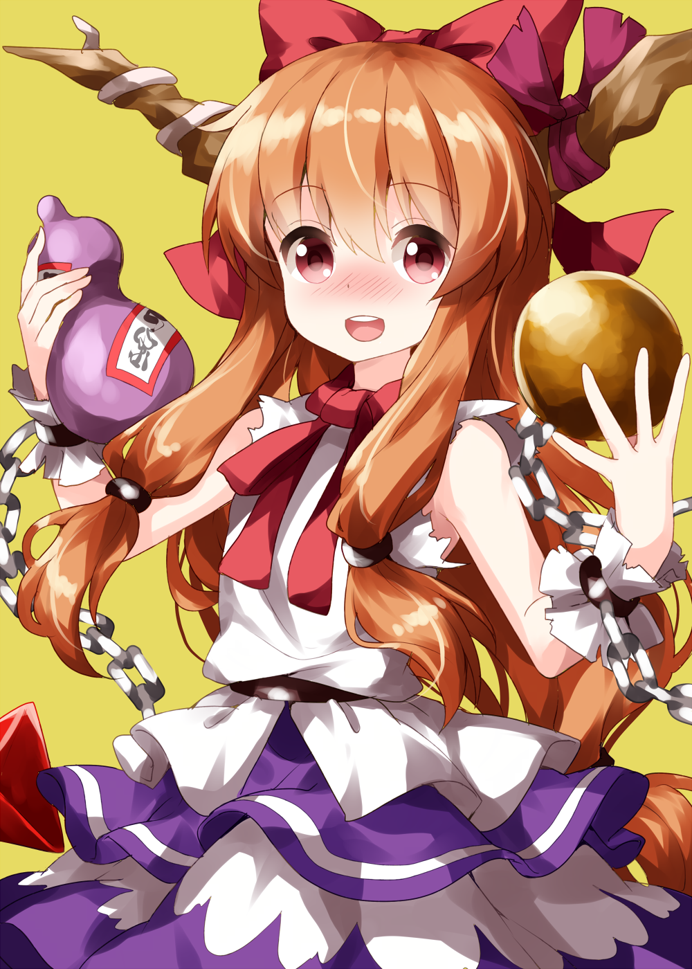 1girl armpit_peek arms_up bare_arms bare_shoulders belt blue_skirt blush bow chains cuffs eyebrows_visible_through_hair gourd hair_between_eyes hair_bow highres holding horn_ribbon horns ibuki_suika layered_skirt long_hair looking_at_viewer low-tied_long_hair neck_ribbon open_mouth orange_hair pyramid_(geometry) red_eyes red_neckwear ribbon ruu_(tksymkw) shackles shirt sidelocks simple_background skirt sleeveless sleeveless_shirt solo sphere torn_clothes torn_shirt touhou upper_body upper_teeth very_long_hair white_shirt wrist_cuffs yellow_background