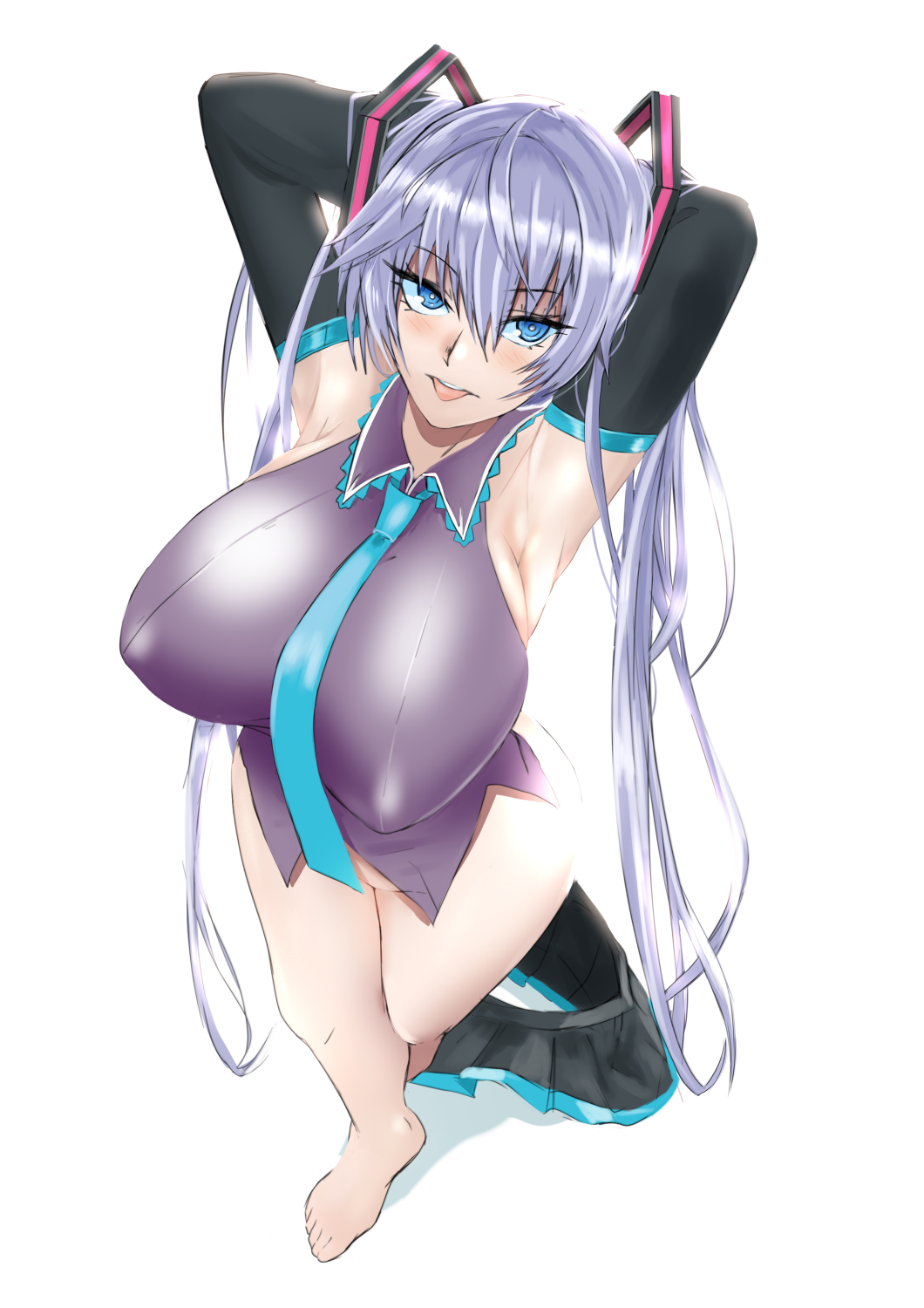 1girl armpits arms_up barefoot blue_eyes bottomless breasts detached_sleeves erect_nipples eyebrows_visible_through_hair full_body hair_between_eyes hatsune_miku highres huge_breasts long_hair necktie purple_hair saggitary simple_background skirt skirt_removed solo tongue tongue_out twintails very_long_hair vocaloid white_background