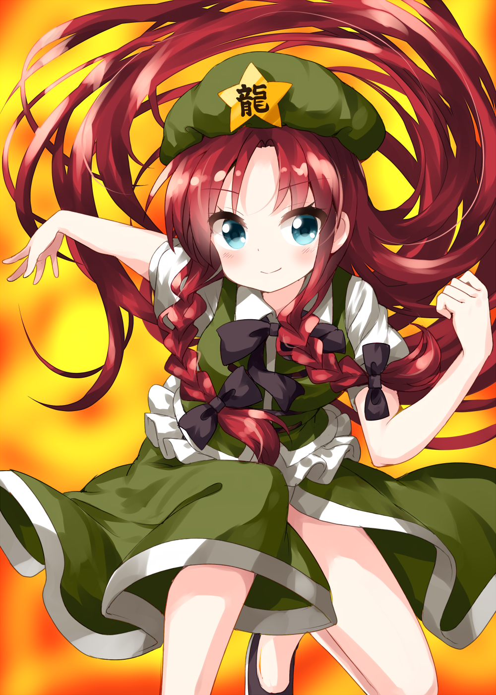 1girl arm_up arms_behind_back bangs bending_forward black_footwear blue_eyes blush braid curled_fingers eyebrows_visible_through_hair fiery_background fighting_stance fire green_skirt green_vest hair_ribbon highres hong_meiling long_hair looking_at_viewer one_knee parted_bangs puffy_short_sleeves puffy_sleeves red_hair ribbon ruu_(tksymkw) shirt short_sleeves skirt smile solo touhou tress_ribbon twin_braids very_long_hair vest white_shirt