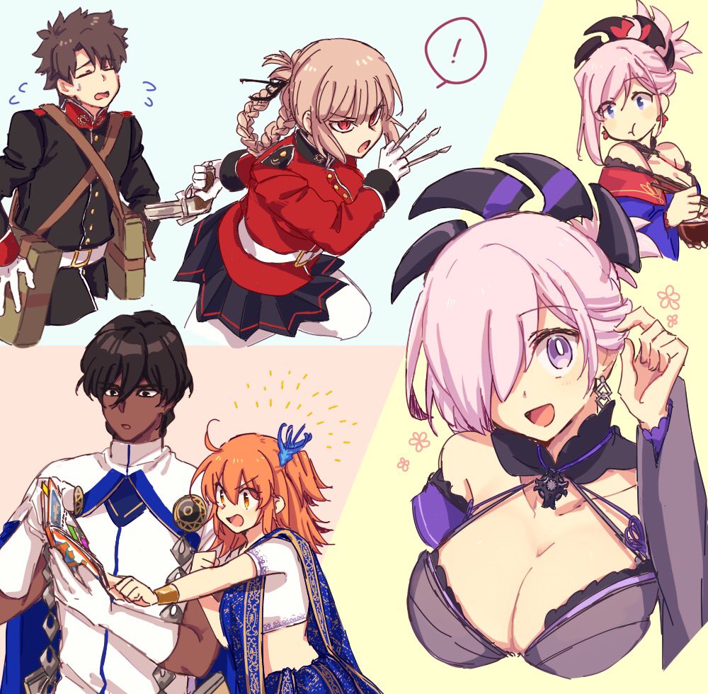 ahoge alternate_costume arjuna_(fate/grand_order) bag black_hair braid breasts cleavage cosplay dark_skin dark_skinned_male earrings eating fate/grand_order fate_(series) florence_nightingale_(fate/grand_order) fujimaru_ritsuka_(female) fujimaru_ritsuka_(male) gun hair_over_one_eye indian_clothes jewelry large_breasts mash_kyrielight midriff military military_uniform miyamoto_musashi_(fate/grand_order) miyamoto_musashi_(fate/grand_order)_(cosplay) nm222 orange_hair pink_hair purple_hair satchel scalpel uniform weapon