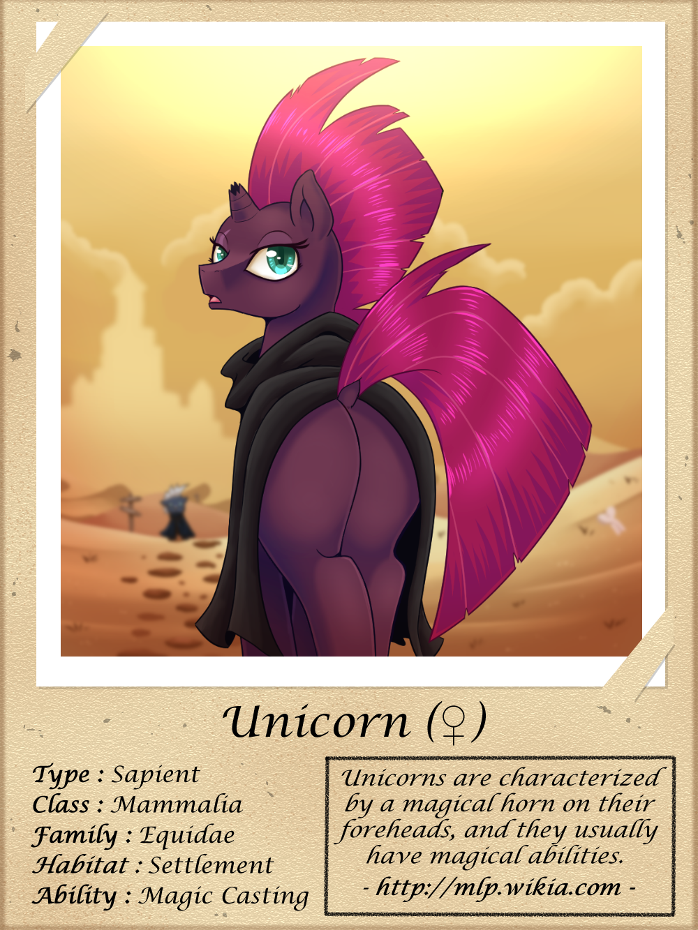 2019 blue_eyes broken_horn cloak clothing desert english_text equid female grubber_(mlp) horn mammal my_little_pony my_little_pony_the_movie tempest_shadow_(mlp) text unicorn vavacung