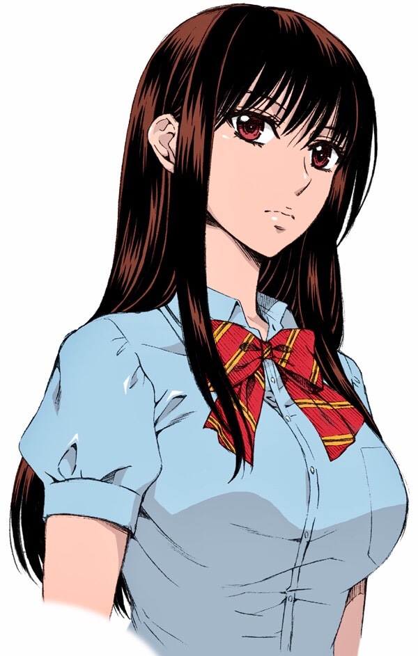 1girl blue_shirt bow breasts brown_hair hanzaki_jirou houzuki_satowa kono_oto_tomare! long_hair looking_at_viewer red_bow red_eyes serious shirt short_sleeves simple_background solo upper_body white_background