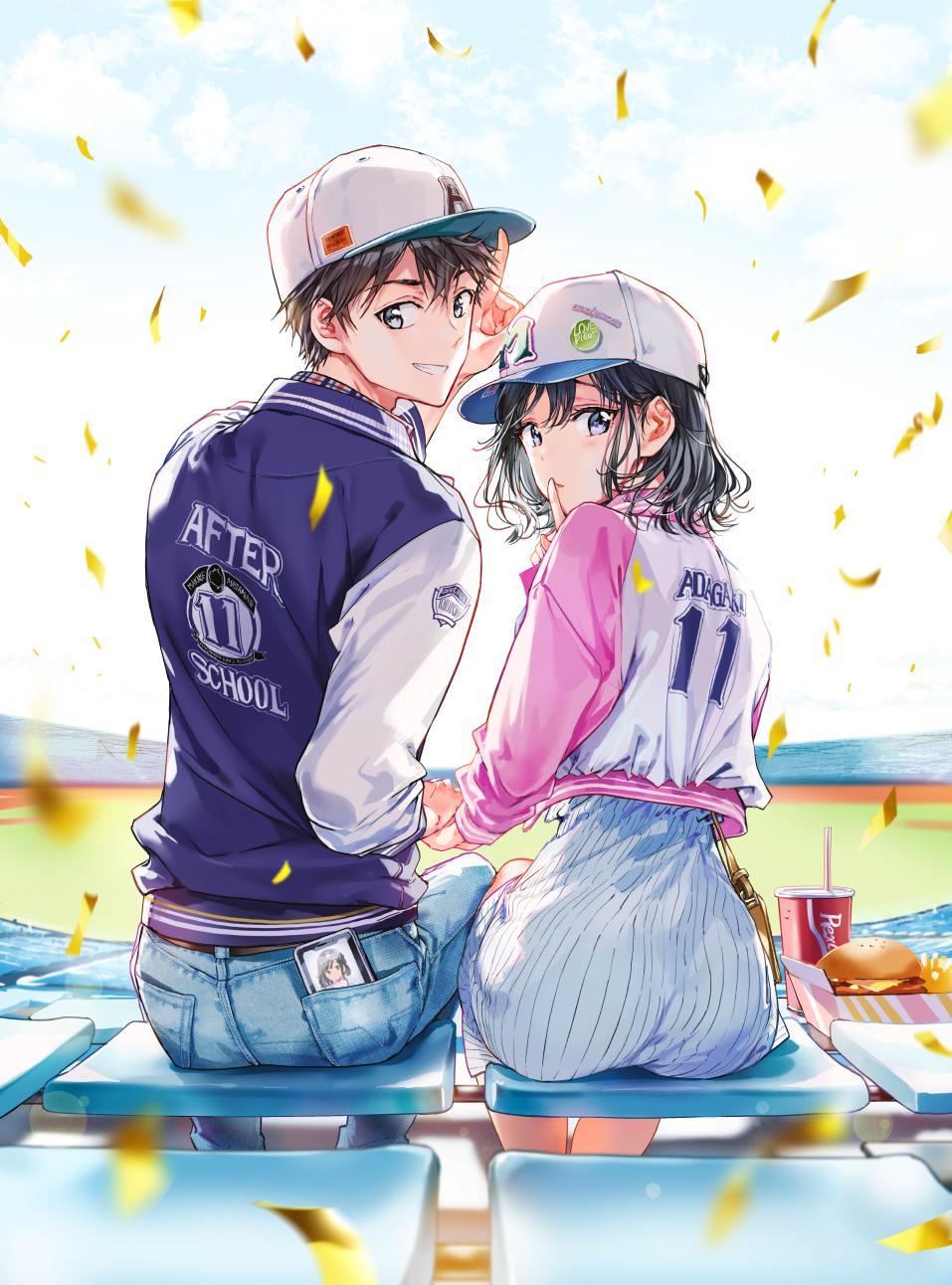 1boy 1girl adagaki_aki ass back bag baseball_cap belt black_eyes black_hair cellphone cloud cola denim dress eyebrows_visible_through_hair food french_fries from_behind hamburger hat highres jacket jeans looking_at_viewer makabe_masamune masamune-kun_no_revenge pants phone pocket short_hair shoulder_bag sitting sky smartphone tiv wavy_hair