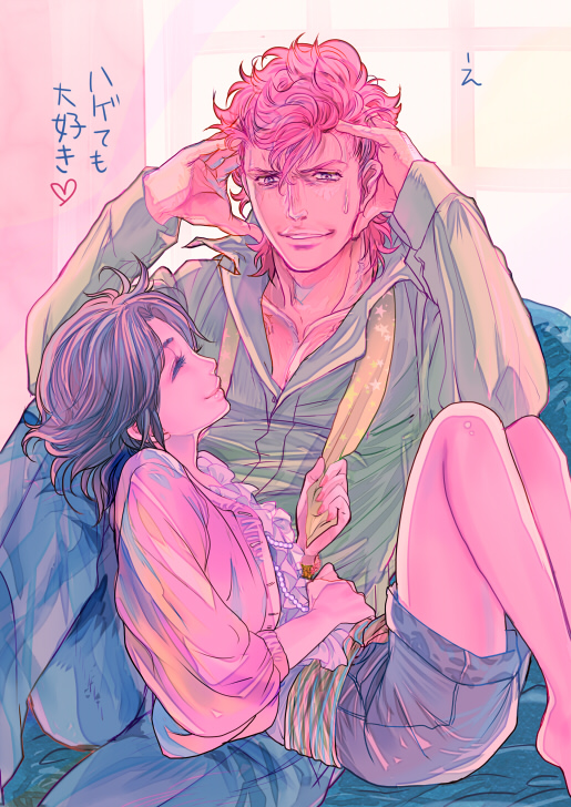 1boy 1girl barefoot bat_(hokuto_no_ken) brown_hair casual chair closed_mouth couple eyes_closed heart hokuto_no_ken jobo_(isi88) lynn short_hair shorts smile window
