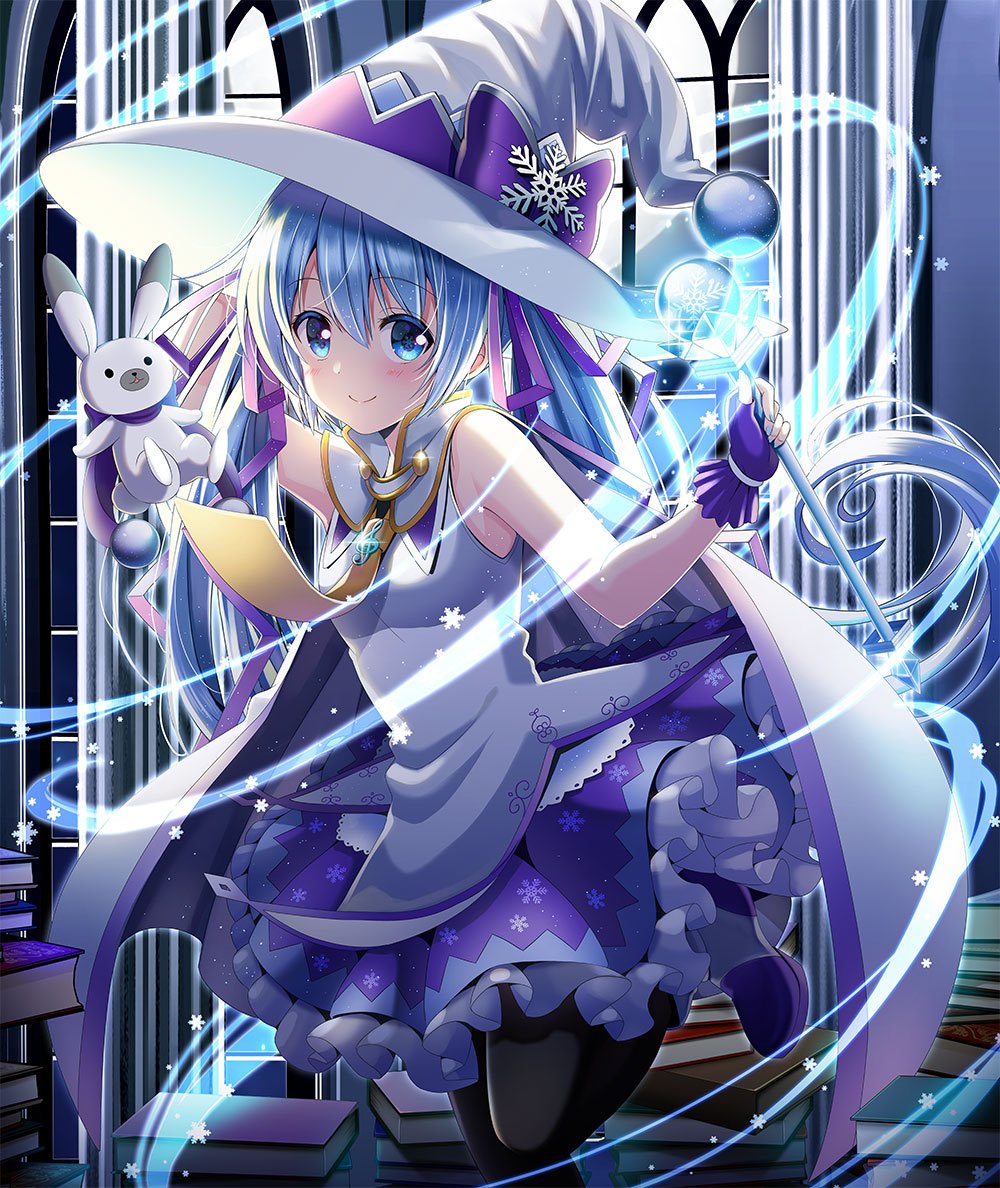 1girl animal arm_up bangs banned_artist bare_shoulders black_legwear blue_eyes blue_hair blush book book_stack bow bunny closed_mouth commentary_request eyebrows_visible_through_hair fingerless_gloves gloves hair_between_eyes hand_on_headwear hat hat_bow hatsune_miku holding holding_wand pantyhose purple_bow purple_footwear purple_gloves purple_skirt shirt shoes skirt sleeveless sleeveless_shirt smile standing standing_on_one_leg vocaloid wand white_headwear white_shirt witch_hat yuki_miku yukine_(vocaloid) yuuka_nonoko