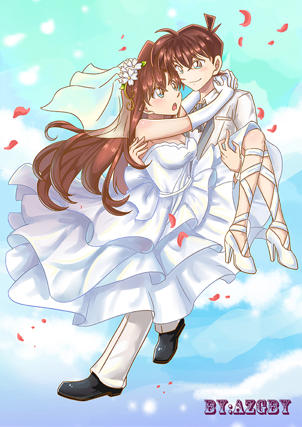 1boy 1girl :o artist_name azgby black_footwear blue_background blue_eyes brown_hair carrying couple dress elbow_gloves eye_contact floating_hair flower gloves grey_neckwear high_heels jacket kudou_shin'ichi layered_dress leg_ribbon long_dress long_hair long_sleeves looking_at_another meitantei_conan mouri_ran panties princess_carry ribbon shiny shiny_hair sleeveless sleeveless_dress smile striped striped_dress underwear veil very_long_hair wedding_dress white_dress white_flower white_footwear white_gloves white_jacket white_panties white_ribbon