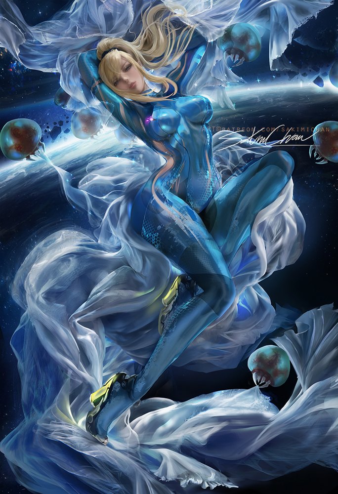 1girl banned_artist blonde_hair blue_bodysuit blue_eyes blush bodysuit breasts high_heels high_ponytail impossible_bodysuit impossible_clothes long_hair looking_at_viewer metroid metroid_(creature) mole mole_under_mouth navel nintendo ponytail sakimichan samus_aran shiny shiny_clothes skin_tight solo space star super_smash_bros. zero_suit