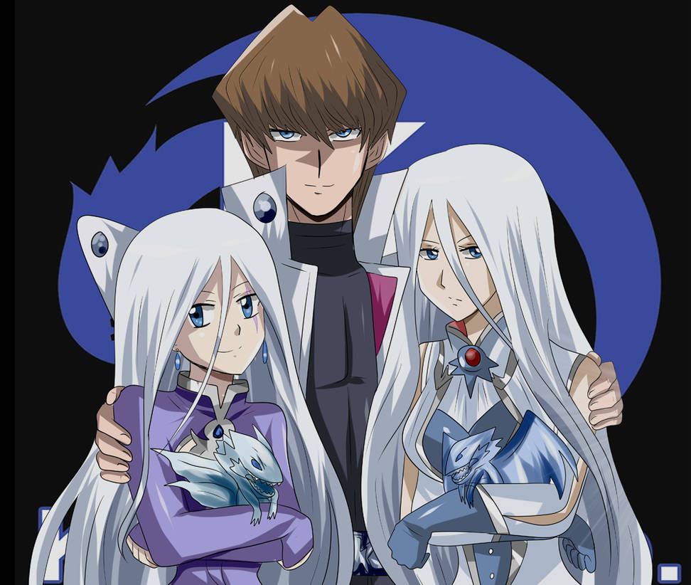 1boy 2girls background blue-eyes_white_dragon blue_eyes blue_eyes_white_dragon blue_vest brown_hair commission crossover dragon duel_monsters gloves hair_in_between_eyes hikariangelove jacket jewellery kaiba_seto kisara long_hair looking_at_viewer lucky_guy multiple_girls rwby scar short_hair smile vest weiss_schnee white_hair white_jacket winter_schnee yu-gi-oh! yuu-gi-ou yuu-gi-ou_duel_monsters