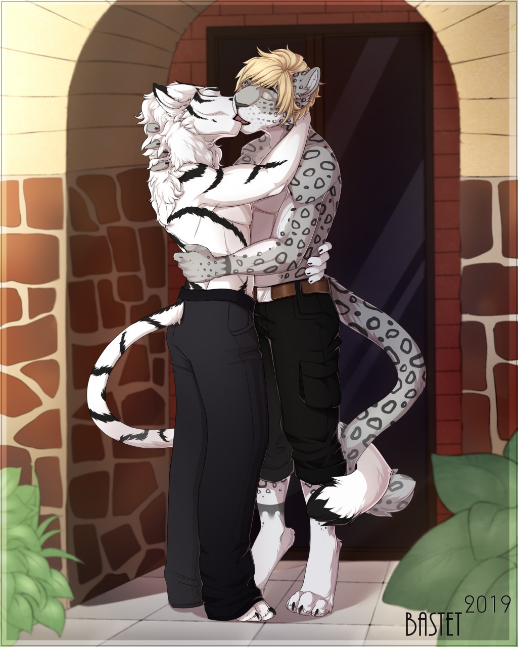 2019 4_toes anthro barefoot bastika blonde_hair day detailed_background digital_media_(artwork) digitigrade duo eyes_closed felid french_kissing fur hair hi_res kissing leopard male male/male mammal outside pantherine tiger toes white_fur