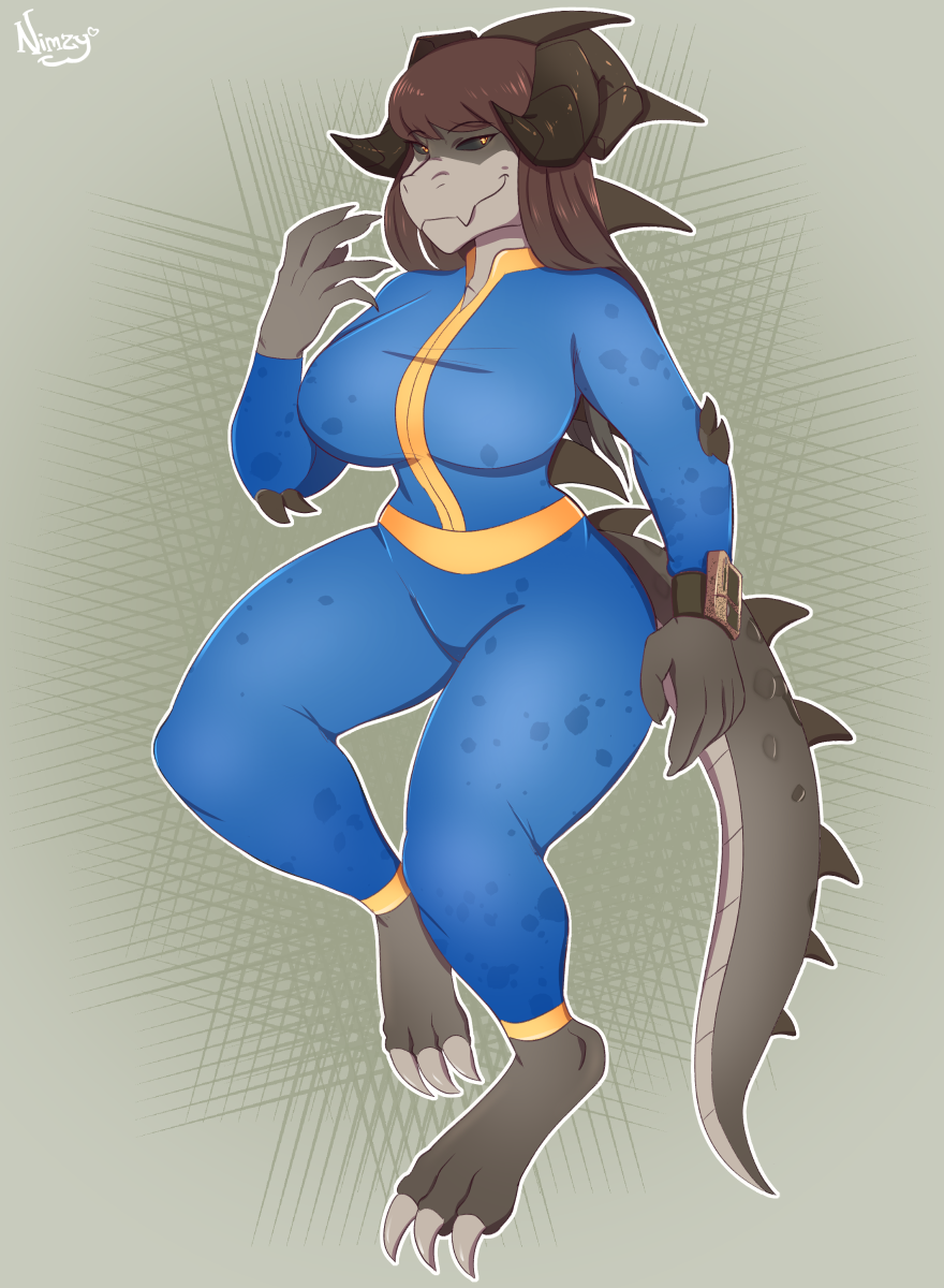 anthro bethesda_softworks big_breasts black_sclera breasts claws deathclaw digital_media_(artwork) elizabeth_(smug_jund) fallout female hair horn long_hair nomdelights non-mammal_breasts pip-boy solo vault_suit video_games wide_hips