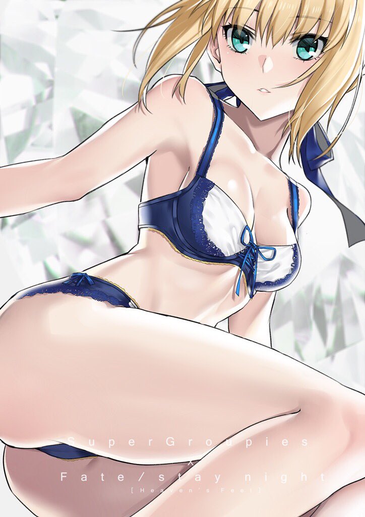 1girl ahoge artoria_pendragon_(all) ass bangs bare_arms bare_legs bare_shoulders blonde_hair blue_bra blue_panties blue_ribbon bra braid breasts collarbone crown_braid eyebrows_visible_through_hair fate/stay_night fate_(series) green_eyes hair_ribbon lace lace-trimmed_bra lace-trimmed_panties lingerie medium_breasts panties parted_lips ribbon saber sidelocks solo thighs underwear underwear_only yaoshi_jun