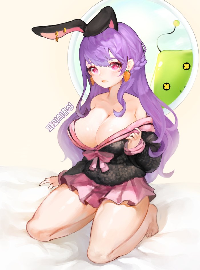 +_+ 1girl animal_ears bangs bare_legs bare_shoulders bed_sheet black_sweater blush braid breasts bunny_ears carrot_earrings cleavage closed_mouth commission day earrings extra_ears food_themed_earrings heart heart-shaped_pupils jewelry kneeling large_breasts lips long_hair long_sleeves looking_at_viewer loveoen12 maplestory maplestory_2 off_shoulder on_bed original pink_skirt pleated_skirt purple_hair red_eyes sidelocks skirt slime slime_(maplestory) solo sweater swept_bangs symbol-shaped_pupils translation_request window
