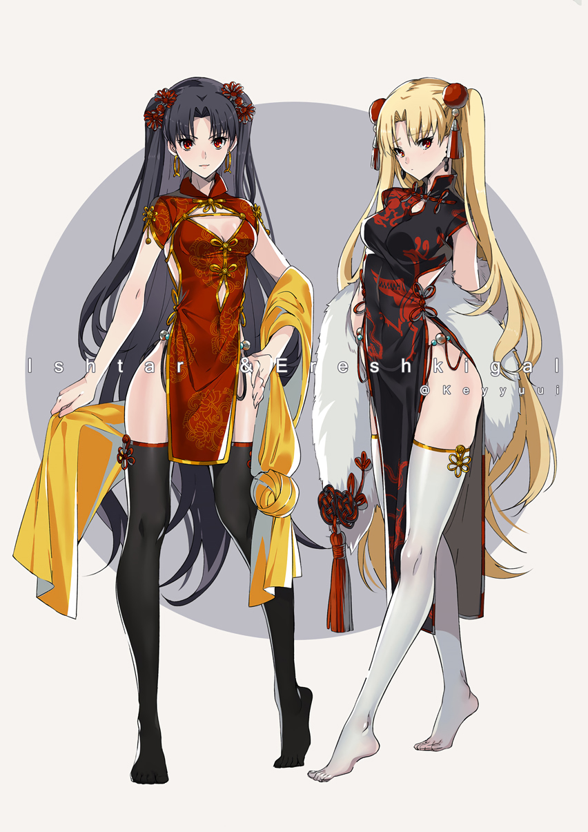 2girls alternate_costume bangs black_hair black_legwear blonde_hair character_name china_dress chinese_clothes cleavage_cutout dress earrings ereshkigal_(fate/grand_order) fate/grand_order fate_(series) full_body hair_ornament highres holding hoop_earrings infinity ishtar_(fate/grand_order) jewelry long_hair multiple_girls parted_bangs pelvic_curtain red_eyes side_slit smile standing thighhighs two_side_up white_legwear yaoshi_jun