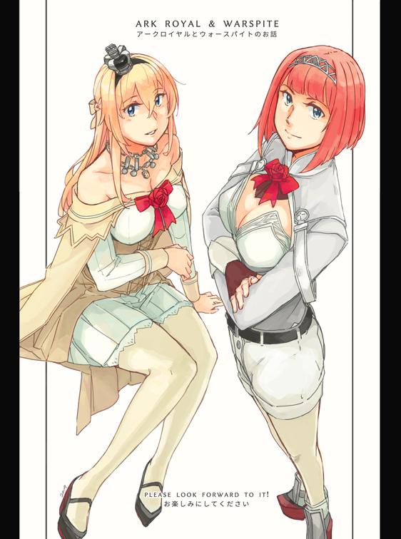 2019 2girls ark_royal_(kantai_collection) arm_support bangs bare_shoulders blonde_hair blue_eyes blush bob_cut braid breasts cleavage cleavage_cutout closed_mouth commentary_request corset crossed_arms crown dress english_text eyebrows_visible_through_hair fingerless_gloves flower french_braid gloves hair_between_eyes hair_ornament hair_ribbon hairband jewelry kantai_collection long_hair long_sleeves looking_at_viewer mary_janes mini_crown multiple_girls necklace off-shoulder_dress off_shoulder pantyhose parted_lips red_flower red_hair red_ribbon red_rose ribbon rose rudder_footwear shoes short_hair shorts simple_background sitting smile thighhighs tiara translation_request warspite_(kantai_collection) weidashming white_background white_dress white_legwear white_shorts