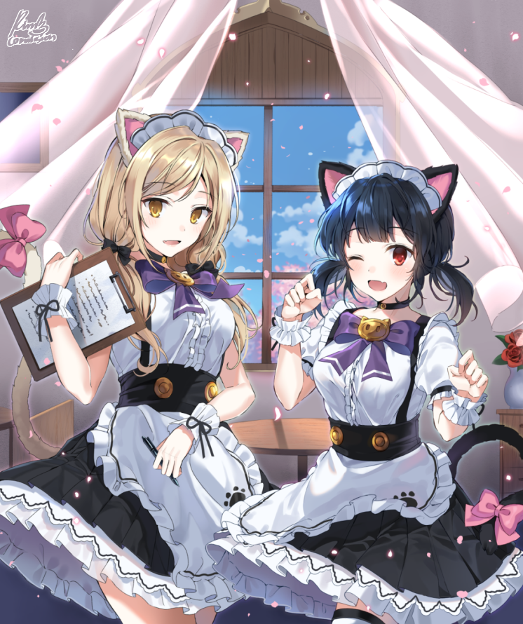2girls ;d animal_ears apron bangs black_hair black_skirt blue_sky blush bow breasts brown_eyes cat_ears cat_girl cat_tail center_frills chair cloud commission curtains day eyebrows_visible_through_hair fang flower frilled_apron frilled_skirt frills holding holding_pencil indoors light_brown_hair long_hair maid_headdress multiple_girls one_eye_closed open_mouth original pencil picture_frame pinb pink_bow pleated_skirt puffy_short_sleeves puffy_sleeves purple_bow red_eyes red_flower red_rose rose shirt short_sleeves signature skirt sky small_breasts smile suspender_skirt suspenders table tail tail_bow tail_raised thighhighs transparent twintails vase waist_apron waitress white_apron white_legwear white_shirt window wrist_cuffs