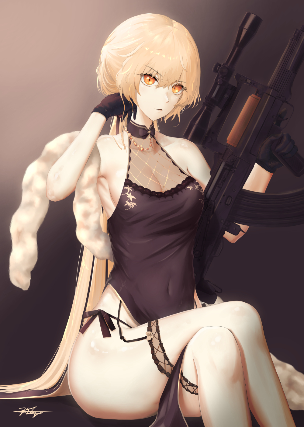 1girl artist_name black_hair blonde_hair breasts chaciooh cleavage covered_navel garter_straps girls_frontline glo-s-s grey_background gun hair_ornament highres legs_crossed medium_breasts ots-14 ots-14_(girls_frontline) rifle scope short_hair solo weapon yellow_eyes