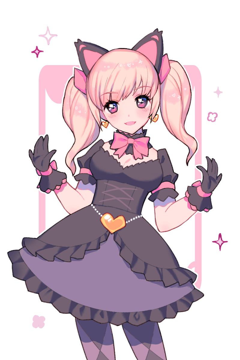 1girl alternate_costume alternate_hairstyle animal_ears argyle argyle_legwear black_cat_d.va black_dress black_gloves blonde_hair bodice bow bowtie breasts cat_ears cleavage contrapposto cowboy_shot d.va_(overwatch) dress earrings ennn eyelashes frilled_dress frills gloves hair_bow hands_up hat heart heart_earrings highres jewelry looking_at_viewer medium_breasts medium_hair open_mouth overwatch pantyhose pink_bow pink_eyes puffy_short_sleeves puffy_sleeves short_sleeves small_hands smile solo sparkle twintails white_background wrist_bow