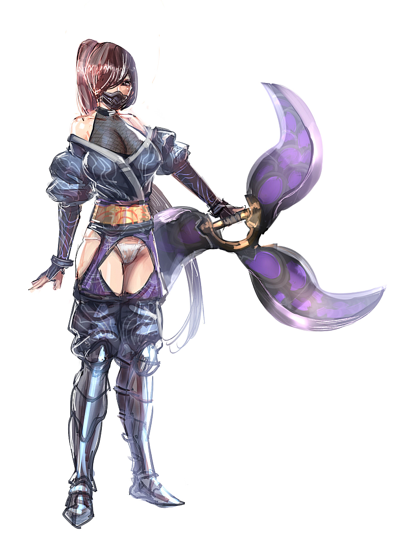 1girl armored_boots bangs bare_shoulders boots bow_(bhp) breasts brown_hair clothing_request collarbone covered_mouth crotchless_clothes fishnets full_body fundoshi hair_over_one_eye high_ponytail holding japanese_clothes large_breasts long_hair long_ponytail looking_at_viewer obi original sash simple_background solo standing swept_bangs very_long_hair weapon_request white_background wrists_extended