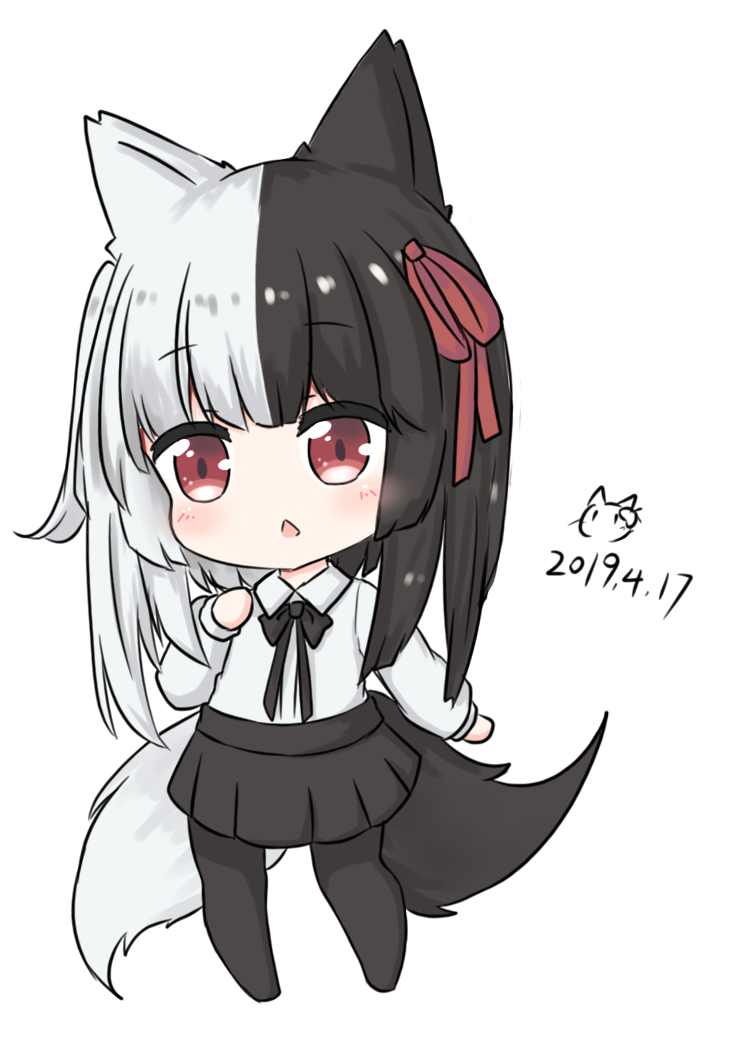 1girl alice_mana alice_mana_channel animal_ears bailingxiao_jiu bangs black_bow black_hair black_legwear black_skirt blush bow chestnut_mouth chibi collared_shirt dated eyebrows_visible_through_hair full_body hair_ribbon long_sleeves multicolored_hair multiple_tails no_shoes pantyhose parted_lips pleated_skirt red_eyes red_ribbon ribbon shirt signature silver_hair simple_background skirt solo standing tail two-tone_hair two_tails virtual_youtuber white_background white_shirt