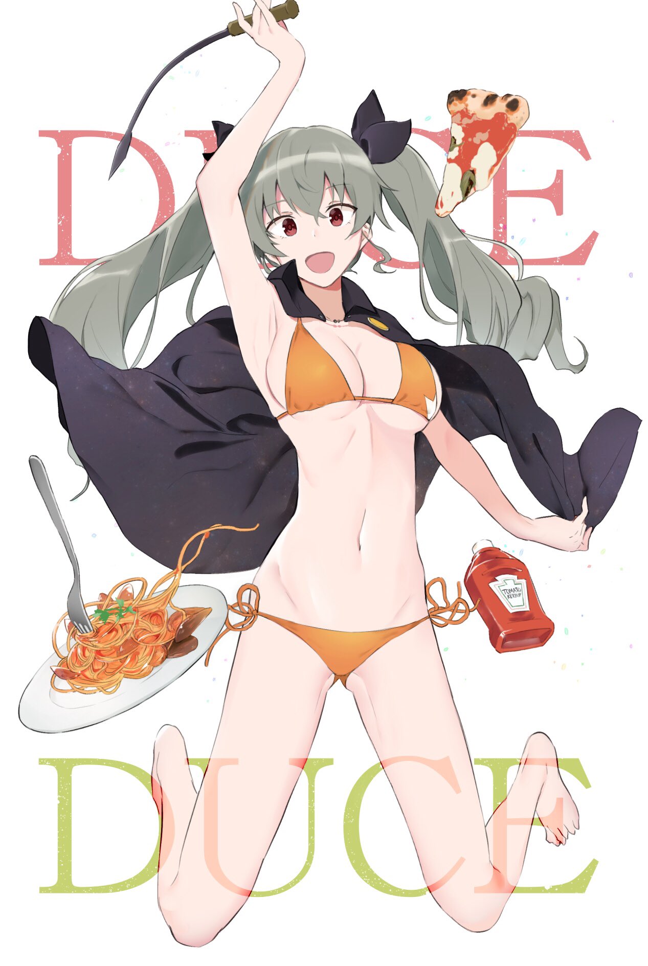 1girl :d anchovy arm_up armpits bangs bikini breasts cape cleavage drill_hair eyebrows_visible_through_hair food fork full_body girls_und_panzer gluteal_fold green_hair hair_between_eyes hair_ribbon highres italian_text ketchup_bottle long_hair looking_at_viewer medium_breasts muteki_soda navel open_mouth orange_bikini pasta pizza red_eyes ribbon riding_crop shiny shiny_hair side-tie_bikini sideboob simple_background slice_of_pizza smile solo spaghetti string_bikini swimsuit twin_drills underboob white_background