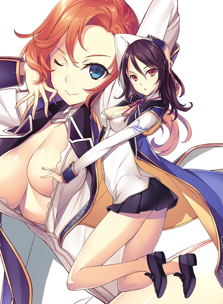 2girls black_hair black_skirt blue_eyes breasts cleavage cleavage_cutout kenja_no_mago kikuchi_seiji long_hair long_sleeves multiple_girls official_art olivia_stone one_eye_closed orange_hair pose purple_eyes purple_neckwear ribbon school_uniform skirt white_background yuri_carlton