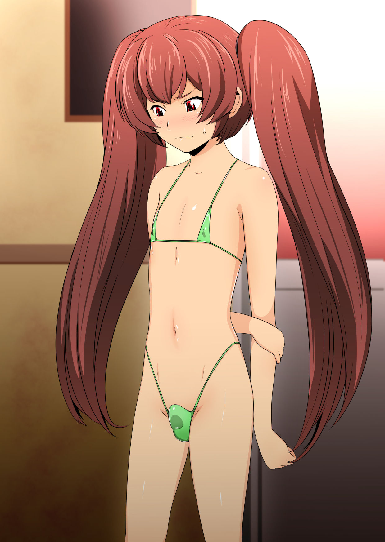 1boy bikini blush bra brown_hair bulge crossdressing gureko_rouman highres long_hair original panties red_eyes solo standing sweat swimsuit trap twintails underwear very_long_hair