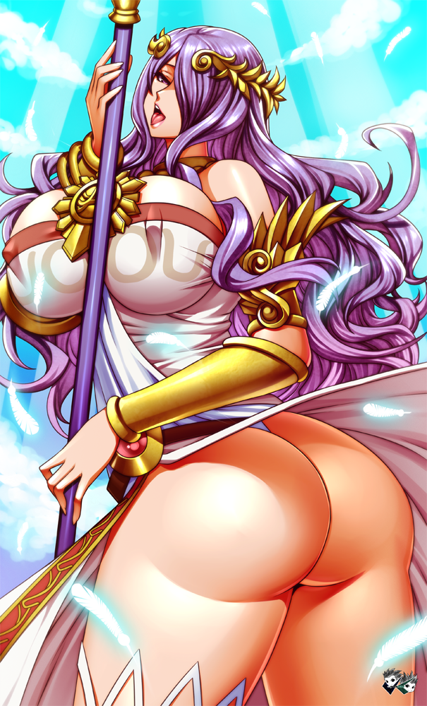 1girl ass bare_shoulders breasts camilla_(fire_emblem_if) cosplay dress fire_emblem fire_emblem_if from_behind hair_over_one_eye huge_ass jadenkaiba kid_icarus large_breasts long_hair looking_at_viewer nintendo open_mouth palutena palutena_(cosplay) purple_eyes purple_hair shiny shiny_hair shiny_skin solo staff thighhighs thong tongue very_long_hair