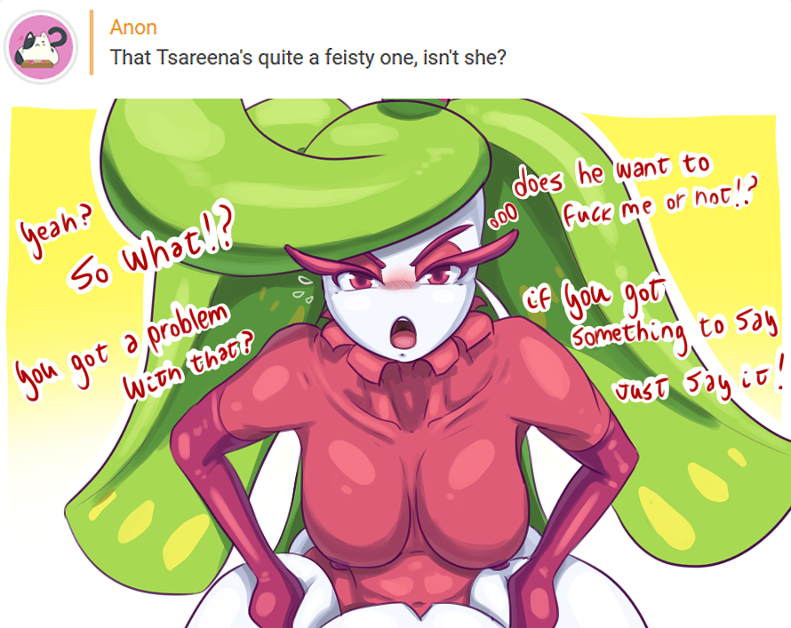 2019 angry ask_blog blush conditional_dnp dialogue english_text female flora_fauna galaxyoron humanoid looking_at_viewer nintendo nipples open_mouth plant pok&eacute;mon pok&eacute;mon_(species) simple_background solo text tsareena video_games