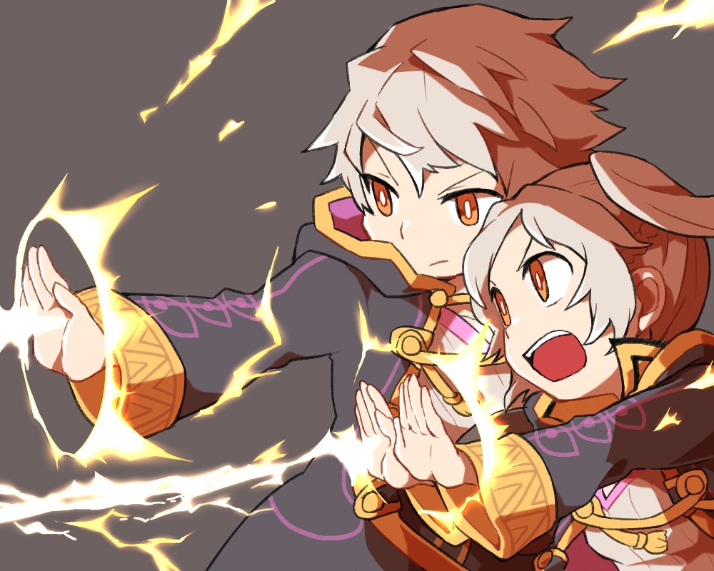 1boy 1girl closed_mouth electricity female_my_unit_(fire_emblem:_kakusei) fire_emblem fire_emblem:_kakusei grey_background long_sleeves male_my_unit_(fire_emblem:_kakusei) my_unit_(fire_emblem:_kakusei) nintendo open_mouth robe short_hair shunrai simple_background twintails white_hair