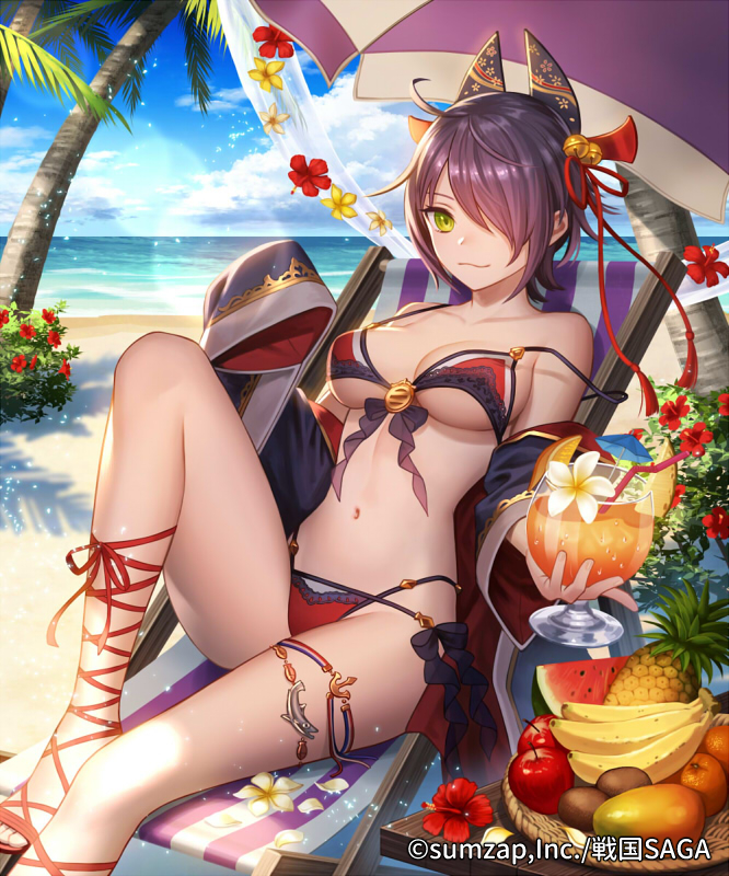 1girl ankle_lace-up apple banana beach beach_umbrella bell bikini blue_sky breasts cleavage cocktail_umbrella company_name copyright_name cross-laced_footwear cup day deck_chair drink drinking_glass drinking_straw esukee feet_out_of_frame fish flower food fruit green_eyes hair_bell hair_ornament hair_over_one_eye hibiscus holding holding_cup horizon jingle_bell knee_up long_sleeves looking_at_viewer mango medium_breasts navel ocean off_shoulder official_art orange outdoors pineapple plumeria purple_hair sengoku_saga short_hair sitting sky smile solo strap_slip swimsuit table thigh_strap umbrella underboob watermelon wide_sleeves