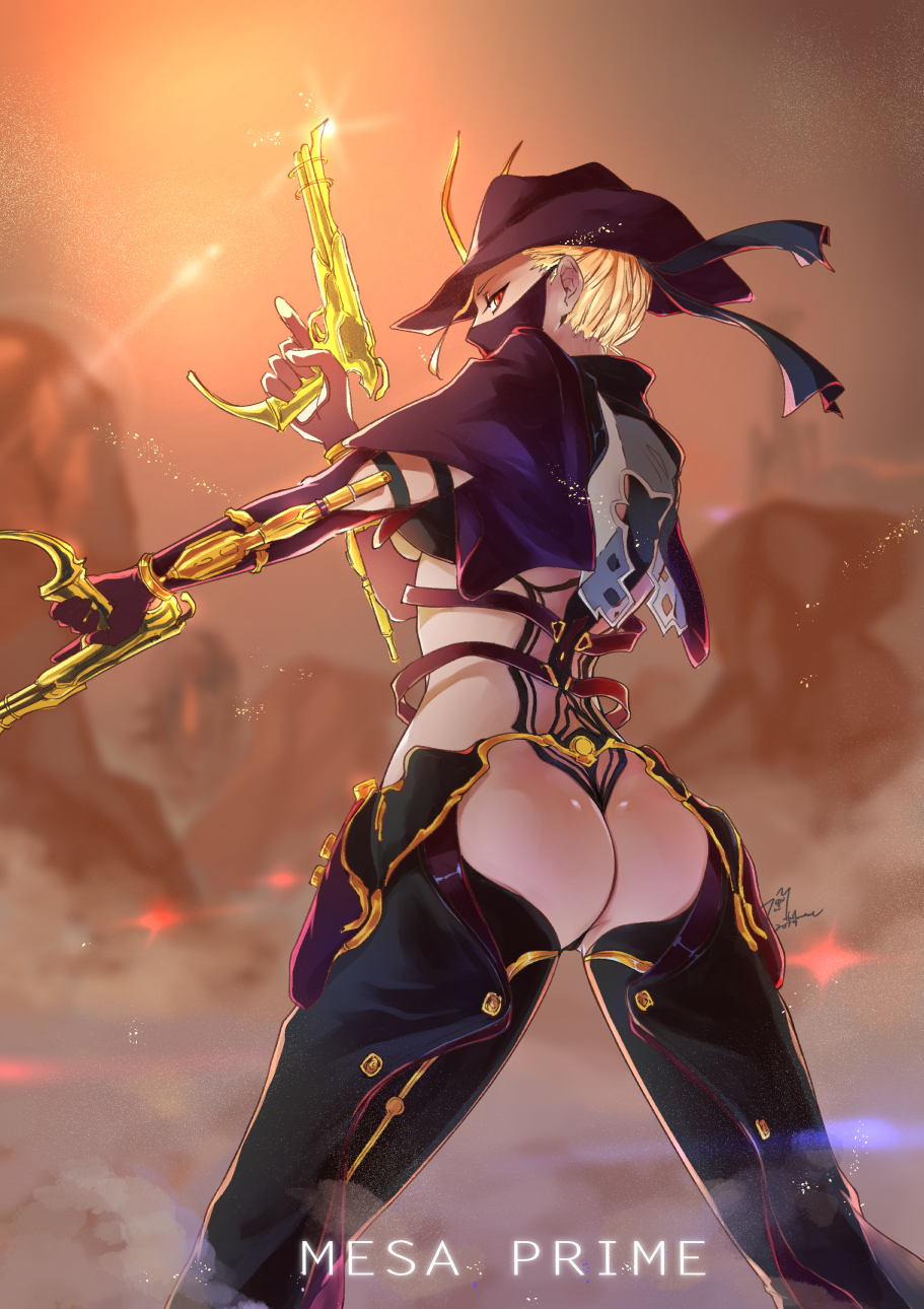 1girl ass bangs blonde_hair bodysuit breasts character_name commentary_request cowboy_shot dual_wielding from_behind gloves gun hand_up handgun hat highres holding holding_gun holding_weapon humanization looking_at_viewer looking_back mask medium_breasts mesa_(warframe) mesa_prime_(warframe) phytoster pistol solo thong trigger_discipline underboob warframe weapon yellow_eyes