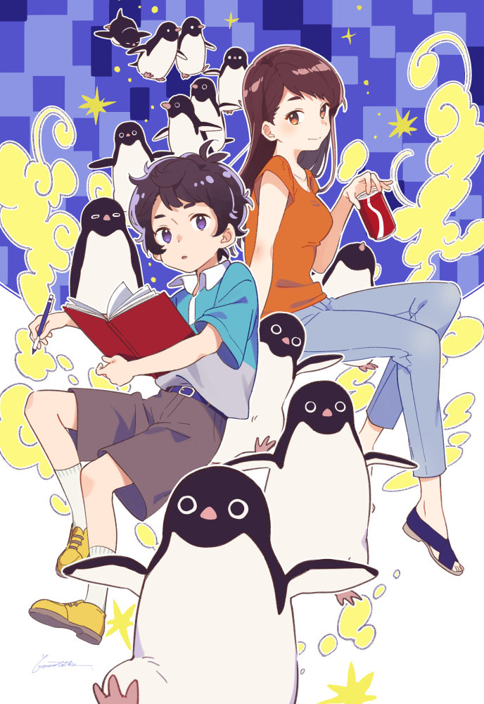 1boy 1girl aoyama-kun_(penguin_highway) belt bird black_hair blue_eyes book booota brown_eyes brown_hair brown_shorts can commentary_request cover cover_page curly_hair from_side full_body grey_pants holding holding_book holding_can holding_pen long_hair novel_cover official_art onee-san_(penguin_highway) orange_shirt pants parted_lips pen penguin penguin_highway sandals shirt shoes short_sleeves shorts signature sitting socks white_legwear