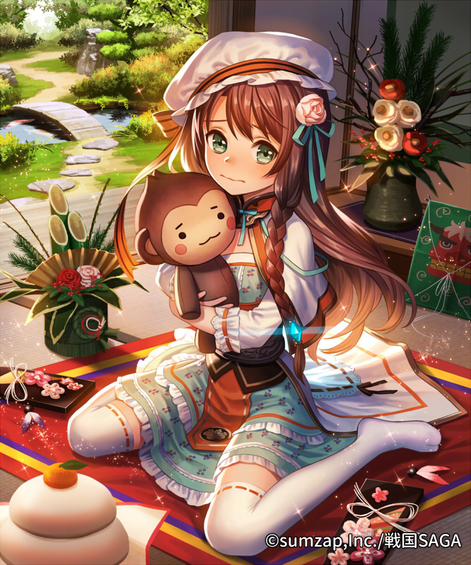 1girl :3 aqua_dress braid bridge brown_hair camellia capelet company_name copyright_name day dress esukee flower food frilled_dress frills fruit full_body green_eyes hagoita hair_flower hair_ornament hat holding holding_stuffed_animal indoors kadomatsu kagami_mochi kite long_hair looking_at_viewer mandarin_orange mob_cap new_year official_art paddle pond ribbon-trimmed_legwear ribbon_trim sengoku_saga side_braid sitting solo stepping_stones stuffed_animal stuffed_monkey stuffed_toy tatami thighhighs tree vase veranda wariza white_legwear